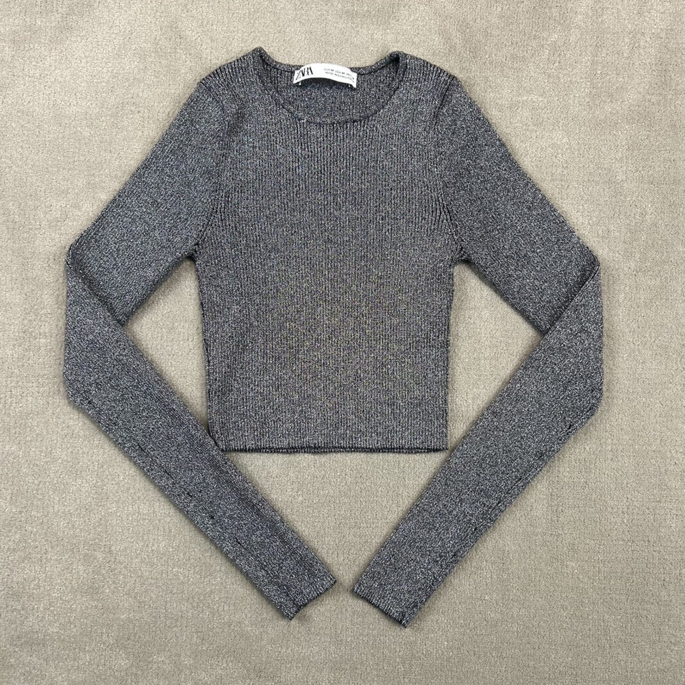 Zara Size M Women Silver Metallic Ribbed Long Sleeve Crop Top Shimmer Sweater